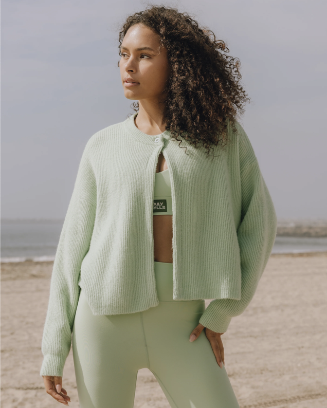 Daily Drills mint green one button sweater.